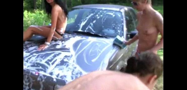  Topless college chicks erotically wash car at the picnic